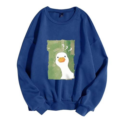 Image of Trendy Crew Neck Sweatshirt Women Funny Cute Cartoon Duck Printed Long Sleeve Pullover Tops 2025 Fall Loose Fit Casual Stylsih Sweater Outfits Blue,M