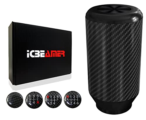 Icbeamer Black Aluminum W/Carbon Fiber 3.25" Shift Knob, Tall Fit Automatic And 4, 5 And 6 Speed Manual Transmission Vehicles, Interior Car Gear Lever Stick Shift Handle Automotive Replacement Parts #TOP27