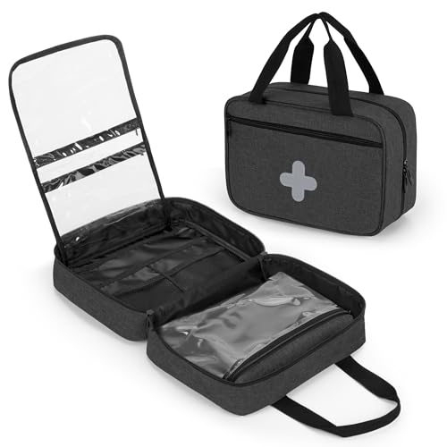 Image of CURMIO Empty First Aid Kits Case, Portable Emergency Kit Organizer, Black | Medical Bag for Emergency Supplies and Pill Bottles, Large Capacity, for Hiking, Camping, Car, Travel, Home and Outdoor