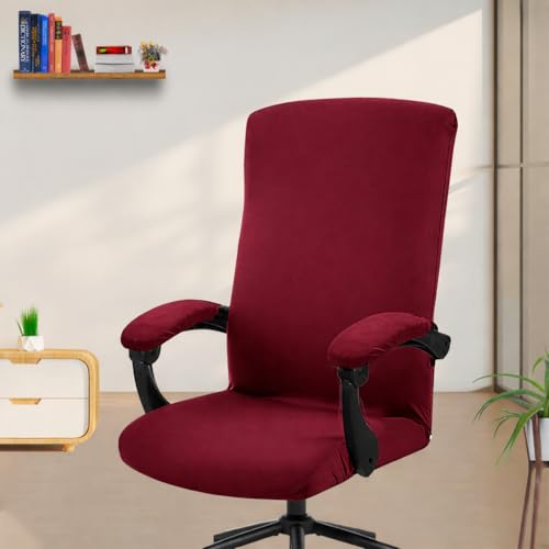 Image of ELEGANTA Stretchable Elastic Boss Office Chair Cover with Handle Covers, Polyester Spandex, Wine Colour (Pack of 2)
