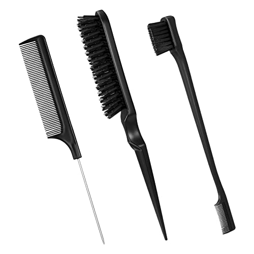 Dacitiery 3 Pcs Slick Brush Set - Hair Teasing & Edge Control Brushes, Grooming Combs, Rat Tail Comb & Double Sided Edge Brush for Women, Babies & Kids (Black)