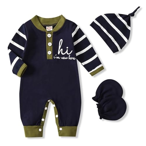 Image of GRNSHTS Newborn Baby Boy Romper Coming Home Outfits Letter Print Bodysuit Jumpsuit+Hat+Gloves 3PCS Clothes Set