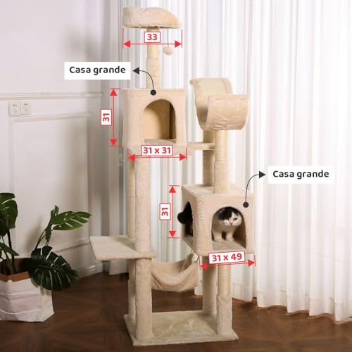 Arranhador de gato grande, luxuoso, multifuncional com casas, camas, rede, poleiros e brinquedo