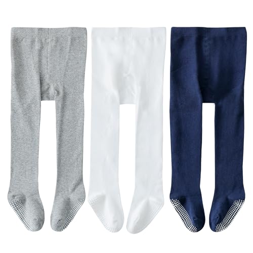 EPEIUS - EPEIUS Toddler Girl Tights Baby Boy Seamless Non Slip/Skid Grip Leggings Cotton Stockings Footed Pants Solid Plain Tights Pantyhose for 12-24 Months,3 Pair Pack,Ivory White/Grey/Navy Blue