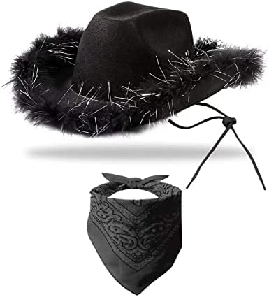 YBHOMINE Cowboy Hat with Bandana - Feather Boa Cowgirl Hat for Women & Men,bachelorette party Halloween Dress-Up (Black)