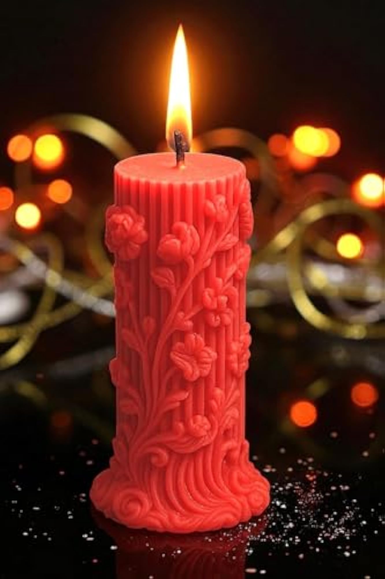 Handmade Red Pillar Candle, Floral Design Gift