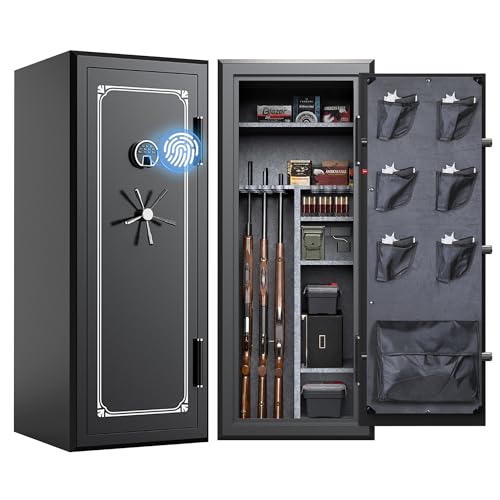 VALINIRT 34 Gun Fireproof Safe for Rifles and Pistols, Gun Cabinet with Biometric Fingerprint, Keypad and Key Access, No-Assembly-Required Gun Safes with Built-in Charging Ports