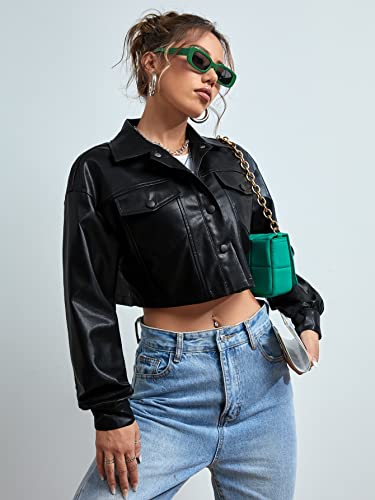 Makemechic Women's Faux Leather Crop Jacket Button Down Pocket Cropped Motorcycle Jacket Black Solid S #TOP3