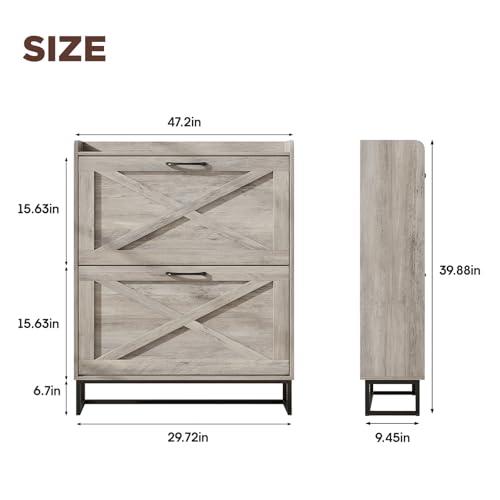 Image of Maupvit Shoe Cabinet with 2 Flip Drawers, Freestanding Shoe Cabinet Organizer with Metal Legs, Shoes Storage Cabinet for Entryway, Narrow Shoe Rack Cabinet, Washed Gray