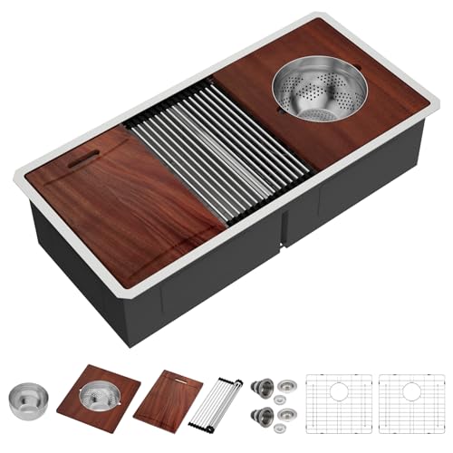 IOROYO 39 inch Undermount Kitchen Sink Double Bowl 50/50 Low Divide Workstation Large Kitchen Sink 16 Gauge Stainless Steel Under Counter Double bowl 39x19 sinks Basin with Mixing Bowl