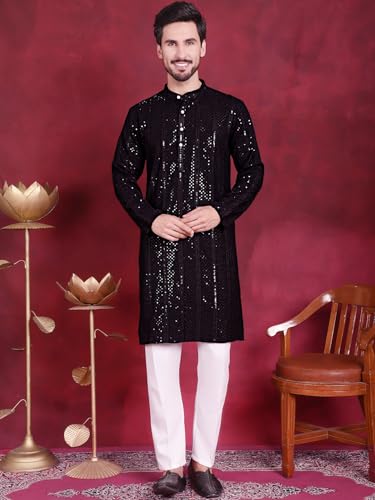 Image of Jompers Men's Regular Fit Rayon Sequins Chikankari Embroidered Kurtas