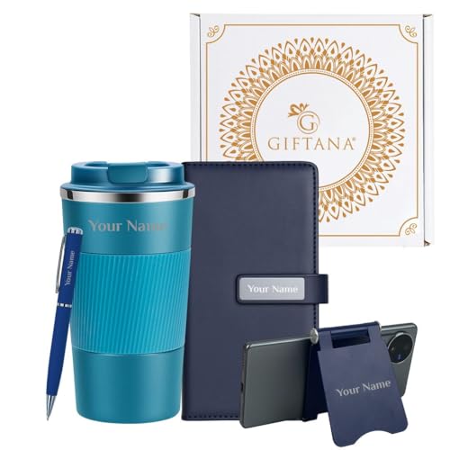 Image of Giftana 4 in 1 Personalized Diary with Pen, Mobile Stand and Coffee Tumbler 510ml Gift Set for Men & Women, Customized Gifts for Doctors, Personalised New Year Corporate Gift Set for Employee (Blue)