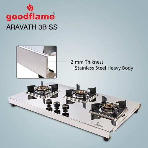 Image of goodflame Aravath 3 Burner Stainless Steel Gas Stove for Kitchen | Heavy 2MM SS Body | Brass Burners | 2 Year Warranty | ISI Certified | Manual Ignition | LPG Ready and PNG Compatible, (Silver)