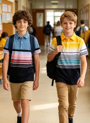 Kids4ever 2 Pack Boys Short Sleeve Polo Shirt Print Golf Casual Collared Shirts Funny Sport Clothes Black Blue Yellow Gradient Stripes Soccer Tops 9-10Y — view 6
