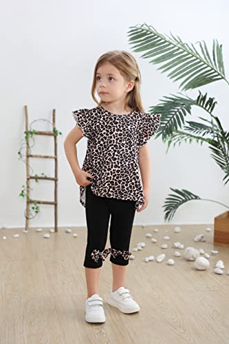 Popshion Little Girls 2 Piece Summer Outfits Flutter Sleeve T-Shirt and Cropped Capri Leggings Kids Clothes Short Sets 2-8t4
