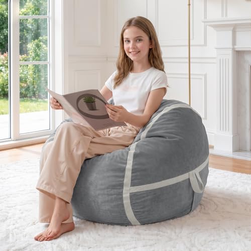 Image of 2FT Bean Bag Chair 2'Bean Bag Chairs with Memory Foam Filled Small Bean Bag | Bean bags with Machine Washable Cover Dutch Velvet Fabric, Comfy Chairs for Living Room, Bedroom, Dorm, Lightgrey