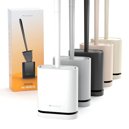 SAVEGA Escobilla WC Silicona con Cabezal Flexible – Escobillero de Pared sin Taladro - Escobilla Baño Silicona con Diseño Discreto (Blanca Mate)