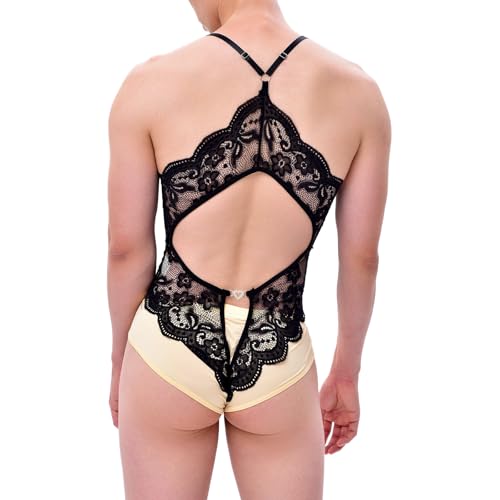 Men's Sheer Lace Lingerie Bodysuit Floral Sissy Thongs Leotard Sleeveless Singlet One Piece Nightwear2