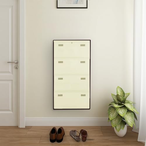 Image of Metal Shoe Rack Wall Mounted for Home with Central Locking 4 Door 28 inch Wall Mounted Metal 12 Pair Rack Cabinet Pre-Assembled Rack Shelves 3 Year Warranty (Brown & Ivory)