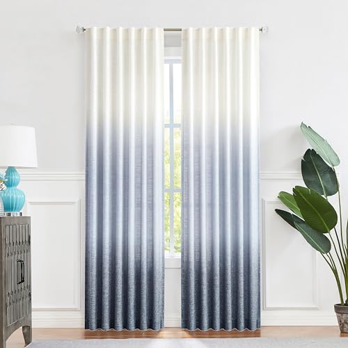 Central Park Panel de cortina degradado para ventana, estampado degradado de lino en tela de mezcla de rayón, pestaña trasera, bolsillo para barra, tratamientos para sala de estar/dormitorio, blanco