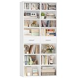 HOCSOK Bookcase, 7 Tiers Book Shelf, 185cm Tall Bookshelf with 2 Drawers, Adjustable Shelves, Wooden Shelving Unit for Living Room, Home Office, Study, White 30x80x185cm