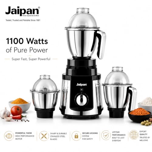 Image of Jaipan Sonet 1100W Mixer Grinder with 3 Stainless Steel Jars | Powerful Copper Motor | Heavy Duty Grinding, Mixing & Blending | Wet & Dry Grinding | Durable ABS Body | Black & Silver
