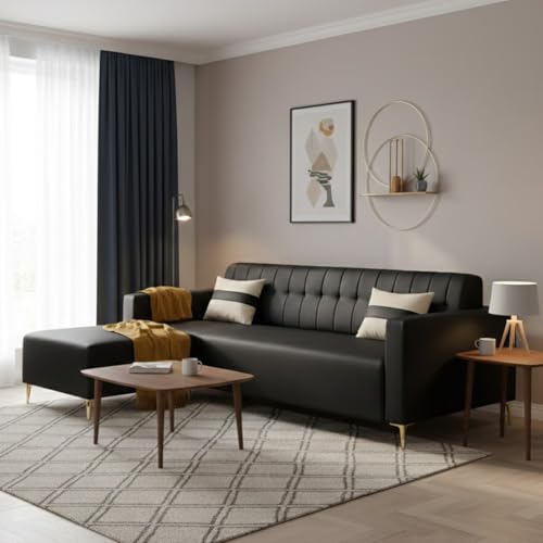 Image of SOCOZI Anton 4 Seater L Shape Sofa Set with Movable Ottoman | Flexible Left or Right Layout | Premium Leatherette with Golden Metal Legs |Sofa for Living Room (Black Leatherette)