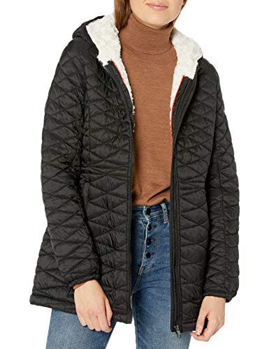 Steve Madden Women's Quilted Anorak with Hood, Special Nylon Glacier Shield Black/Cream, S