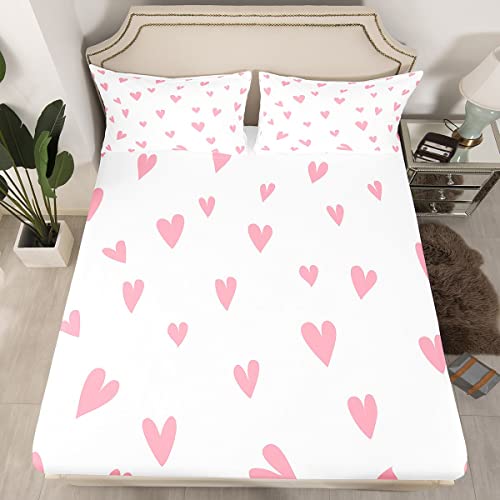 Girls Cute Love Heart Sheet Set Kids Lovely Warm Sweet Sheets With Deep Pocket Fitted Sheet Love Heart Pattern Bed Sheets Set Breathable Valentine's Day Pink Bedding Set Room Decor Quilt Cover Queen #TOP2