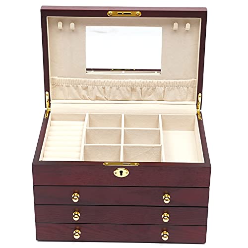 Loyalheartdy 4 Layers Large Wooden Jewelry Box Drawer, Jewelry Box Organizer For Women Jewelry Case Cabinet With Mirror For Ring Necklace Earring Bracelet Organizer Storage Display Box Red #TOP4