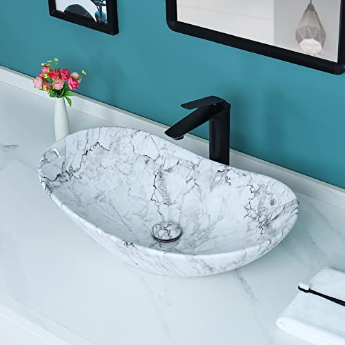 Davivy 24.5'' X 13.8'' Nordic Marbling Oval Vessel Sink With Pop Up Drain,Boat Shape Bathroom Vessel Sink,Bathroom Sinks Above Counter,Ceramic Vessel Sink,Counter Top Sink,Oval Sink Bowls For Bathroom #TOP3