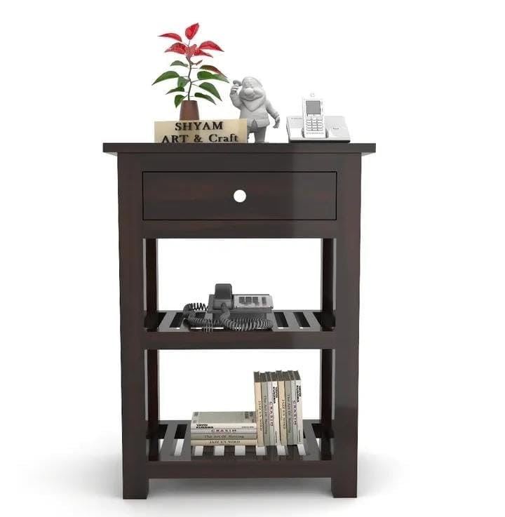 Image of SHYAM ART & CRAFT Solid Sheesham Wood Bedside Table with 3 Drawers Storage | Handcrafted Timber Nightstand and Utility Side Cabinet for Bedroom & Guest Room | Walnut Finish