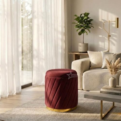 Image of Mythic ArtsRound Upholstered Sitting Stool & Footrest Velvet Storage Ottoman Pouffe16 X 16X 19 inch | Versatile Puffy for Living Room, Bedroom, and Office ? Chic Home Furnishings & Dcor Maroon