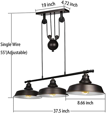 Ganeed 3-Light Pully Pendant Light,Rustic Kitchen Island Lights with Metal Shades,Adjustable Hanging Height,Industrial Vintage Ceiling Lights Fixture for Dinner Room Farmhouse Bar