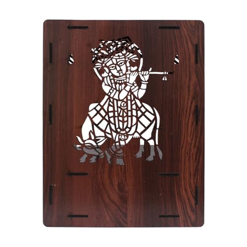 Image of Olive Tree Ethnic Wooden Pooja Mandir for Home Handcrafted Puja Stand | Wall Mounted with LED Spot Light | Mandapam, Pooja Ghar, Temple Office Decor - Walnut Size 12X12X16 Inch 1002