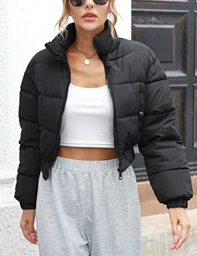 Yimoon Women's Winter Cropped Puffer Jacket Warm Full Zip Quilted Jacket Long Sleeve Padded Coats Stand Collar Outerwear(Black-M) #TOP2