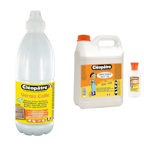 Cléopâtre - LCC1-1000 - Vernis Colle brillant - Flacon 1 kg 8 x 8 x 27 cm Blanc & Colle blanche vinylique au format de 2 kg + 1 flacon de 100gr rechargeable
