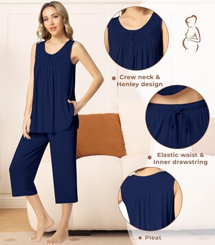 Image of NACHILA Pajamas for Women-Viscose Made from Bamboo, Sleeveless Pjs Top and Capri Pants Pajama Set Cool Pleated Sleepwear