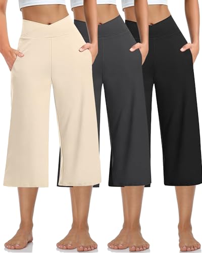 Image of Kivdol 3 Pack Womens Wide Leg Yoga Capris Crossover High Waist Casual Capri Pants Loose Soft Pajama Pockets Sweatpants