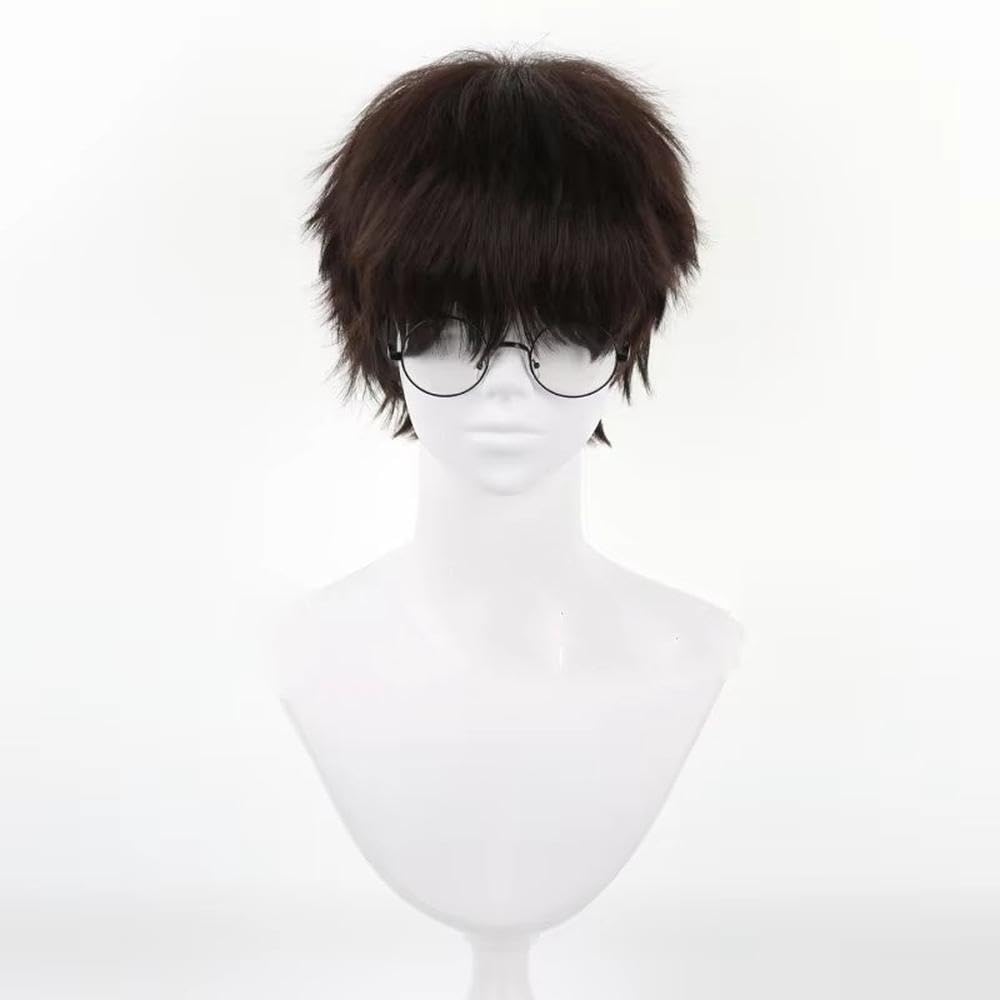 Haarpflege Herren-Cosplay-Perücke Kurz Dunkelbraun Hitzebeständig Volles Haar Mit Brille(Wig and glasses)