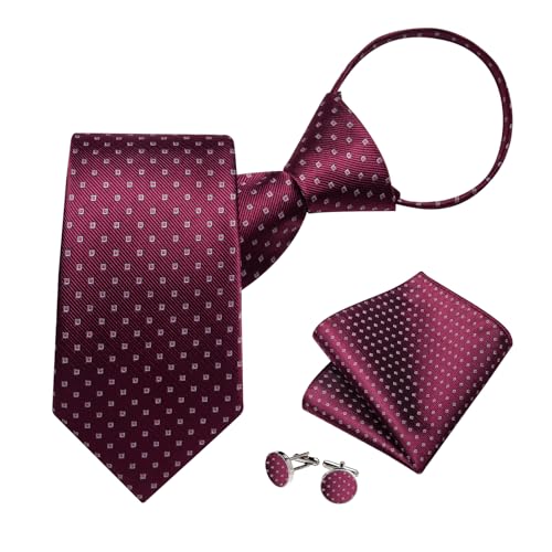 Image of DiBanGu Silk Zipper Ties for Men,Paisley Solid Plaid Pre-tied Tie and Pocket Square Cufflinks Set Formal Adjustable Necktie