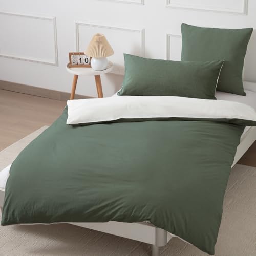 Nesture Bettwäsche 135x200 Baumwolle Dunkelgrün/Weiß - Bettwäsche-Sets...