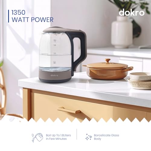 Image of Dokro 1.8L Electric Glass Kettle (1350W) | 100% Borosilicate Glass Body with Locking Lid, 360 Swivel Base, Concealed Element for faster heating, Auto Shut-Off, Rust Proof Electric Kettle (Grey)