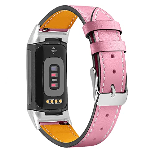 Compatible with Fitbit Charge 6/Charge 5 Bands for Women Men, Genuine Leather Adjustable Sports Strap Replacement Wristband for Charge 6/Charge 5 Tracker Small Large, women men (Pink)