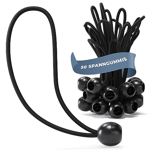 TALVANI 25 | 50 Profi Spanngummis mit Kugel - 200 mm schwarz weiß - Planenspanner Set zur Befestigung von Planen - Gummispanner für Trampolin, Anhängerplane, Zelt - Spanngummi Anhänger (50, Schwarz)
