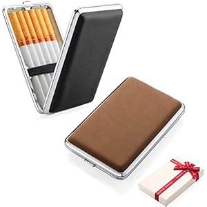 2 x PU-leren sigarettenetui metaal zwart/bruin voor 14 sigaretten met elastiek – sigarettendoosje voor dames en heren – sigarettenetui met geschenkdoos