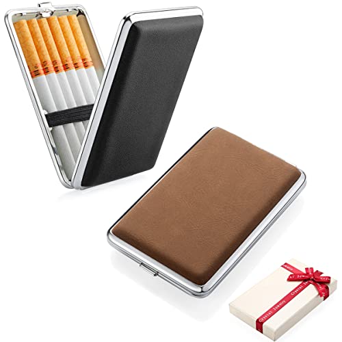 2 x PU-leren sigarettenetui metaal zwart/bruin voor 14 sigaretten met elastiek - sigarettendoosje voor dames en heren - sigarettenetui met geschenkdoos