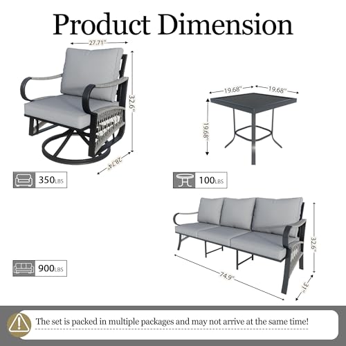 Image of 4 Pieces Outdoor Furniture Set, Patio Conversation Set with Swivel Rocking Chairs Sets and 3-Seater Couch Sofa for Deck, Porch, Garden, Backyard, Poolside (Gray Cushions)