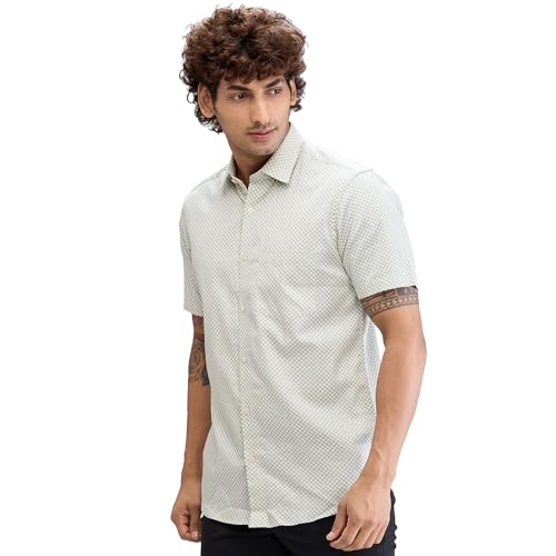 Image of Colorplus Men's Regular Fit Print Pattern Pure Cotton Plain Collar Half Sleeve Casual Shirt
