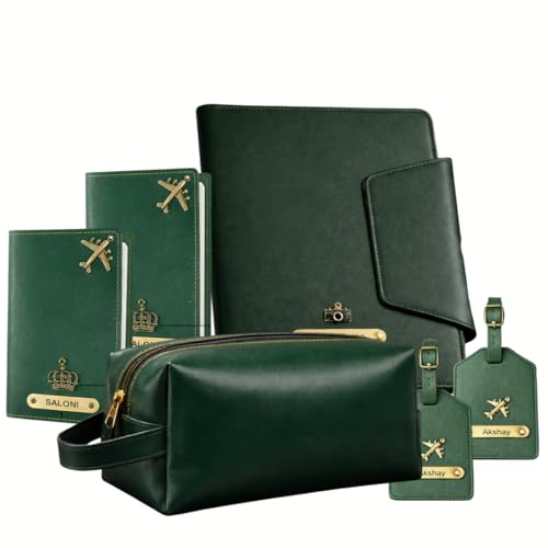 Image of Vegan Leather Family Travel Gift Set, Large Travel Organizer, Medium Pouch, 2 Passport Covers, 2 Luggage Tags in Gift Box (Green)